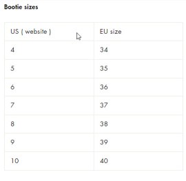 Sistr size chart boot